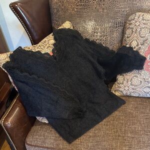 Beulah Black V-Neck Sweater with Lace Trim